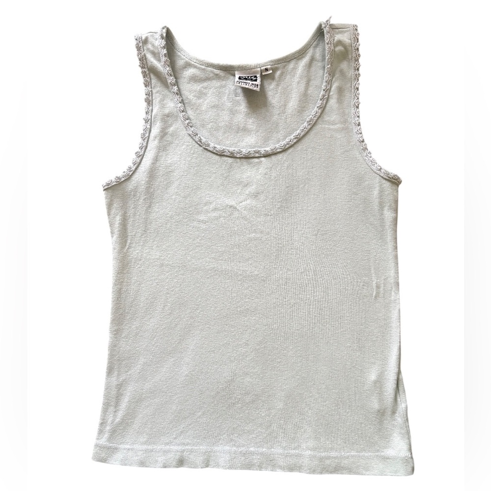 Vintage Johnny Was Collection Light Blue Floral Trim Basic Tank Top Size Small